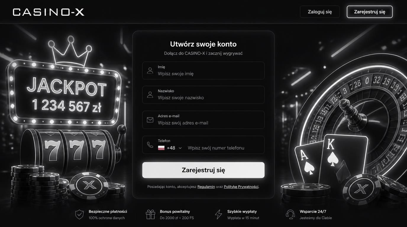 Formularz rejestracji Casino X widoczny na ekranie monitora z polskimi polami danych