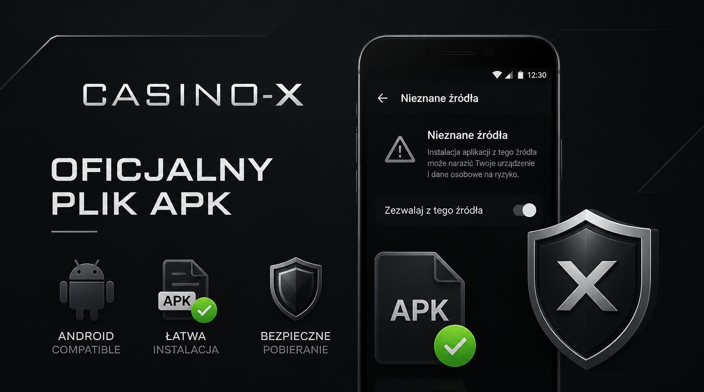 Ilustracja przedstawiająca instalację z Nieznanych źródeł w aplikacji Casino X z komunikatem potwierdzającym bezpieczeństwo pliku