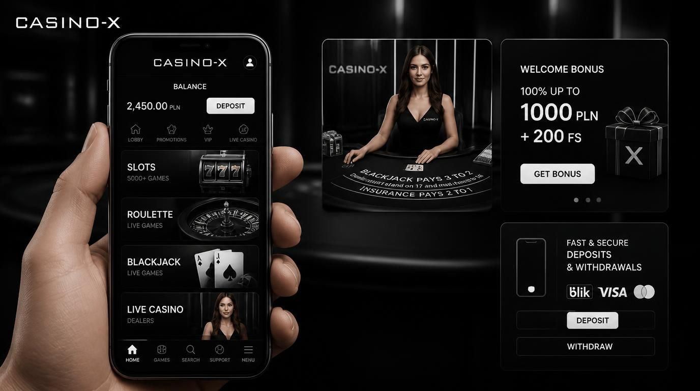 Ilustracja pokazująca różnorodność gier Live i automatów, promocje i płatności w aplikacji Casino X