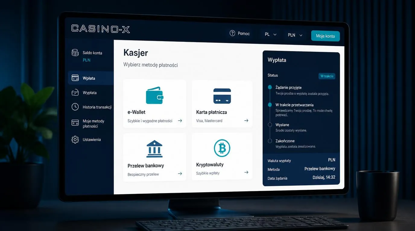 Widok kasy online z wyborem portfela, karty, przelewu bankowego i kryptowaluty
